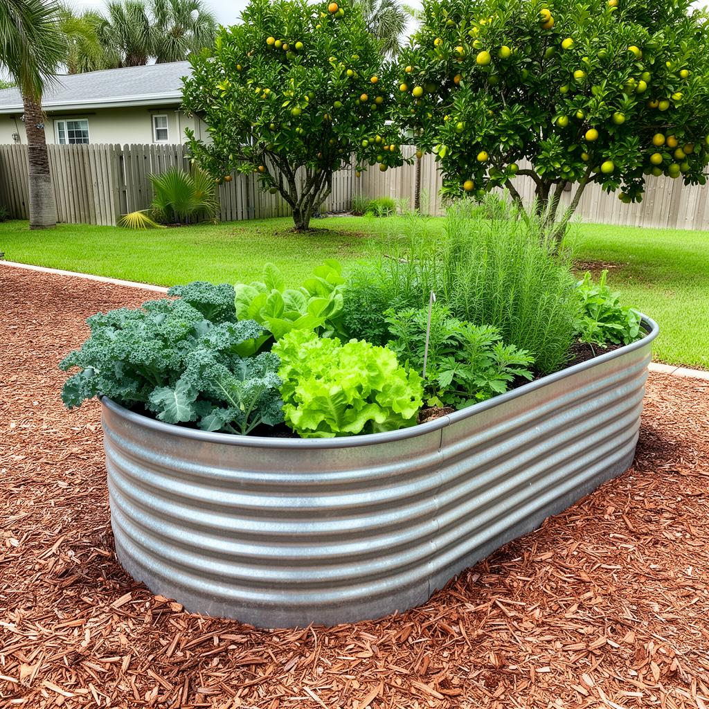 A corrugated metal raised bed planted with kale, lettuce and herbs with citrus trees behind