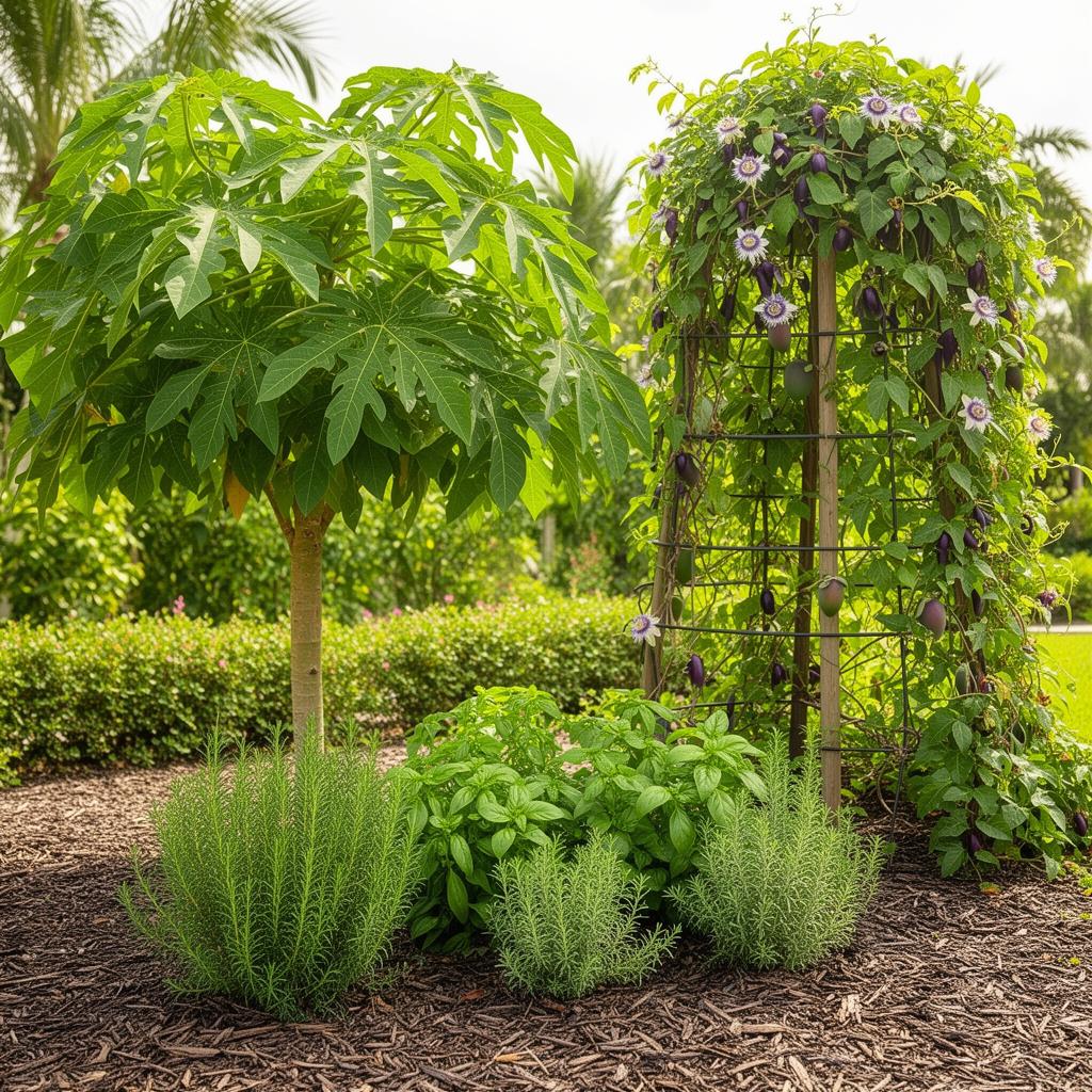 A young papaya tree with a passionfruit vine on a trellis and an herb bed below