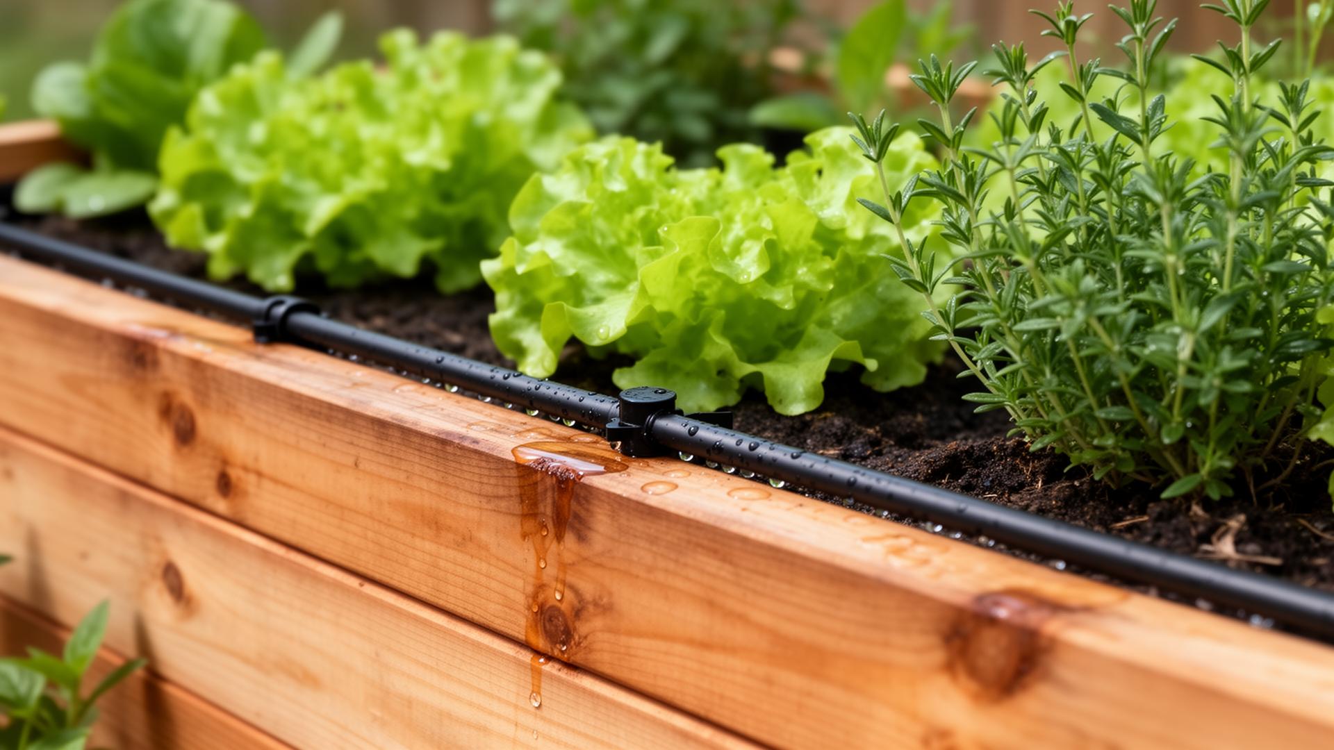 Drip irrigation line running along a cedar raised bed planted with lettuce and herbs